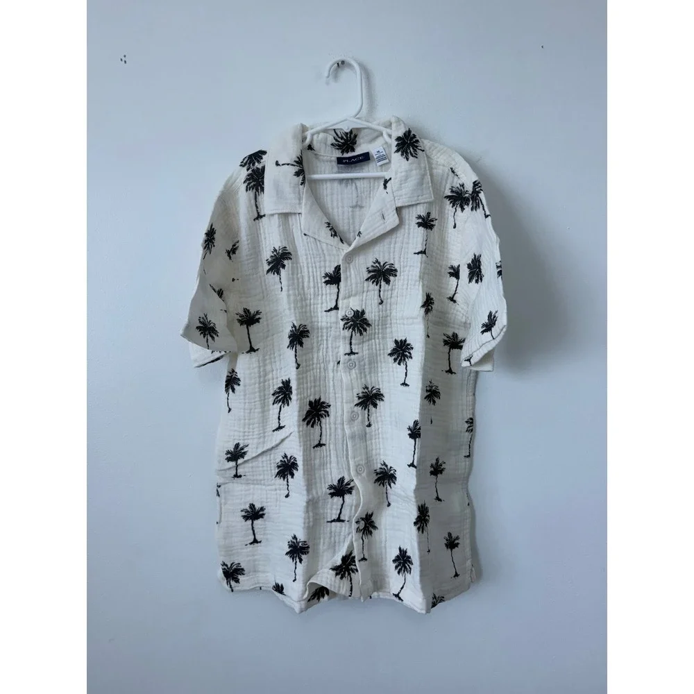 The Children's Place Boys Palm Tree Gauze Button-Up Shirt – Cream – XXL (16)